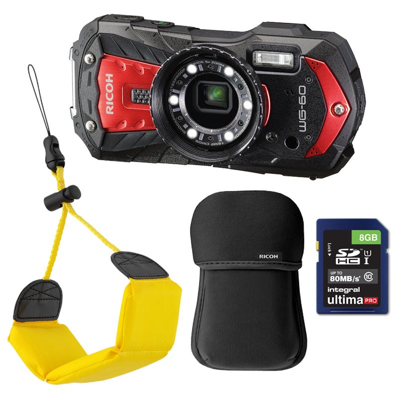 RICOH Compact étanche WG-60 Rouge Garanti 2 ans + Étui néoprène + Courroie flottante + SD 8 Go