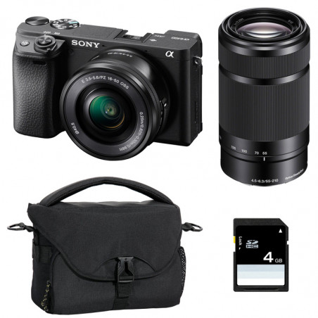 SONY Hybride ALPHA 6400 NOIR + Objectif 16-50mm PZ f/3-5.5-6 + Objectif 55-210mm f/ 4.5-6.3 Garanti 3 ans + Sac + SD 8 Go