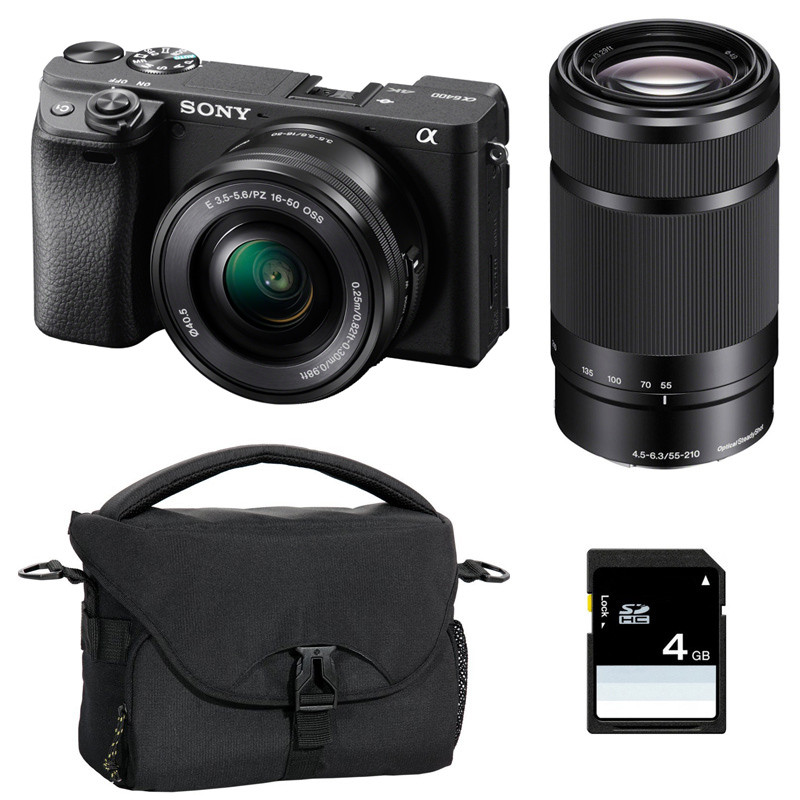 SONY Hybride ALPHA 6400 NOIR + Objectif 16-50mm PZ f/3-5.5-6 + Objectif 55-210mm f/ 4.5-6.3 Garanti 3 ans + Sac + SD 4 Go