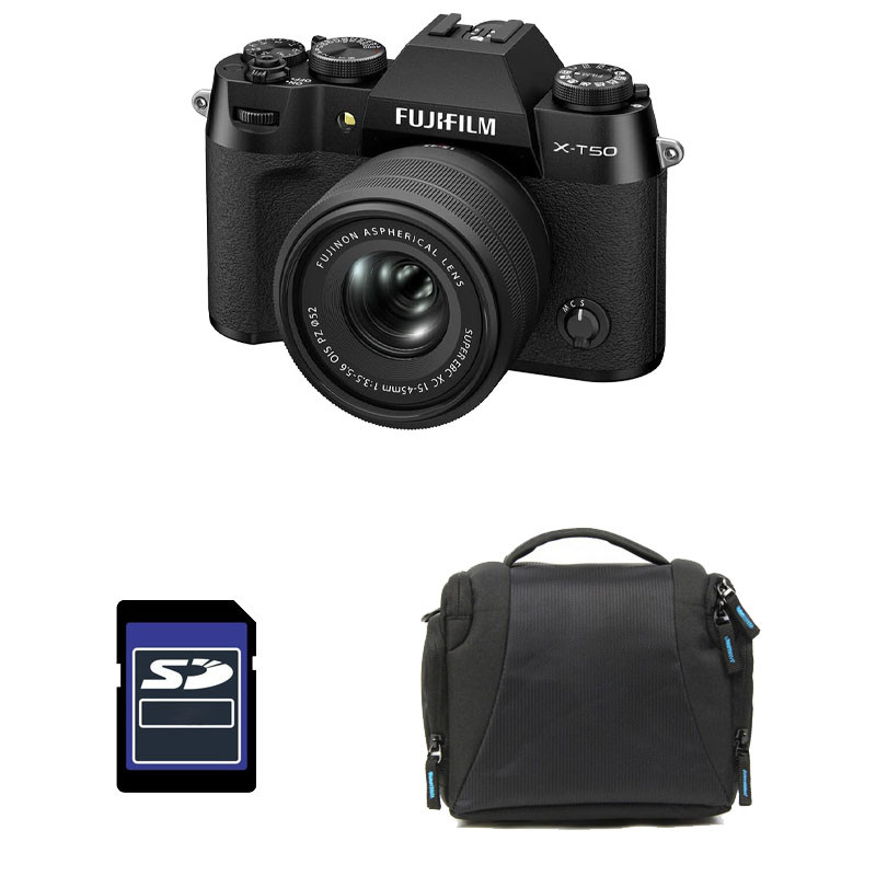 FUJIFILM X-T50 NOIR + Objectif Fujinon XC 15-45mm F3.5-5.6 OIS Pancake Power Zoom Garanti 3 ans + Sac + Carte SD 8 Go