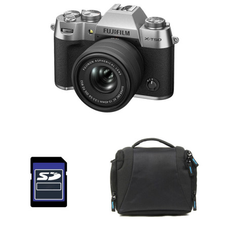 FUJIFILM X-T50 SILVER + Objectif Fujinon XC 15-45mm F3.5-5.6 OIS Pancake Power Zoom Garanti 3 ans + Sac + Carte SD 8 Go