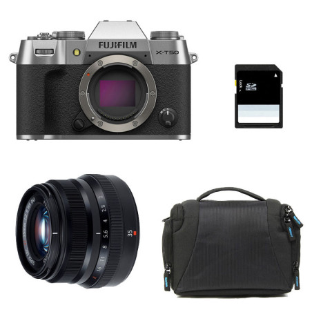 FUJIFILM X-T50 SILVER + Objectif Fujinon XF 35mm f/2 WR Garanti 3 ans + Sac + Carte SD 8 Go