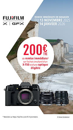 200€ de remise pour l'achat simultané d'un Fujifilm X-50 + optique éligible jusqu'au 14 janvier 2026